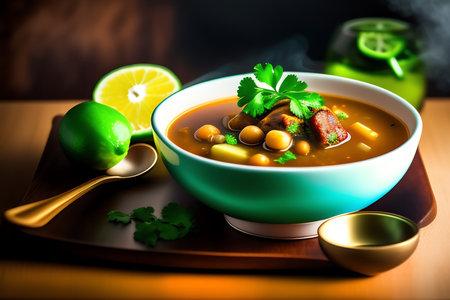 Bean soup with meat and vegetables in a bowl on the tableの素材