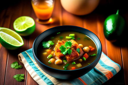 chicken soup with chick peas and lime on a wooden tableの素材