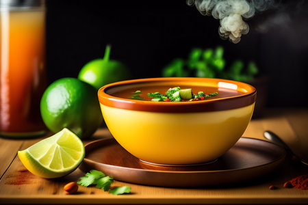 Spicy chili soup with lime and cilantro in bowl on wooden tableの素材