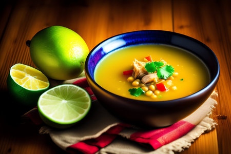 Creamy soup with chickpeas and lime on a wooden tableの素材