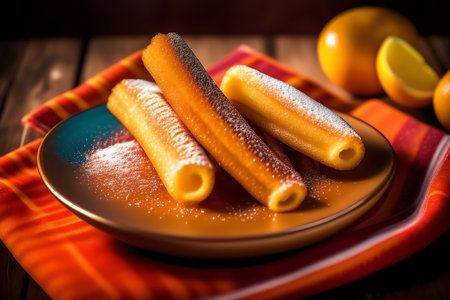 Crepes with orange on a wooden background. Selective focus.の素材