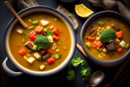 Vegetable soup with meat and vegetables in bowl on black backgroundの素材