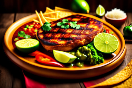 Grilled fish with nachos and guacamole on wooden backgroundの素材