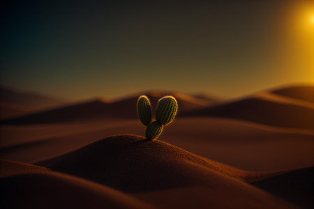 Cactus in the desert at sunset. 3d rendering. Computer digital drawing.の素材