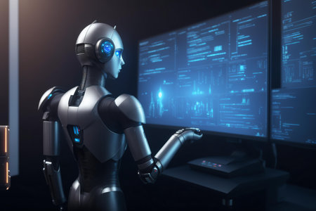 Robot humanoid in front of a computer screen. 3d renderingの素材