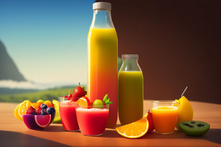 Fresh fruit juice and smoothies in bottles on wooden table with mountain viewの素材