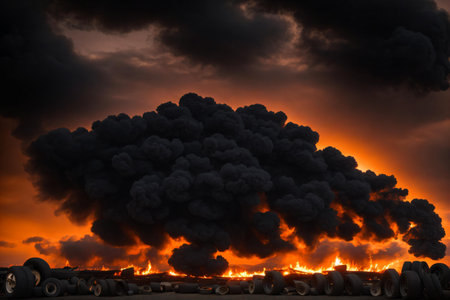 A huge blast of smoke rising from a burning car tires at sunsetの素材