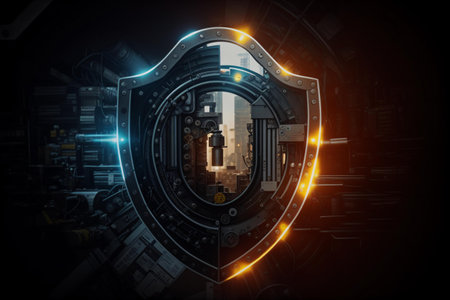 Cyber security concept with glowing shield. 3d rendering double exposureの素材