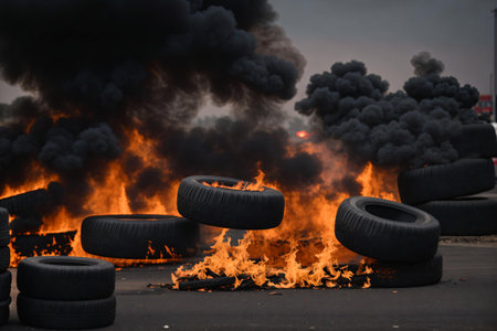 Burning tires on the road. Fire and smoke in the city.の素材