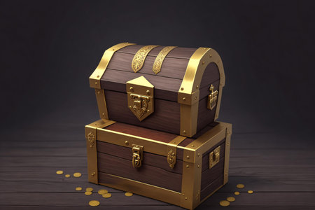 Treasure chest with gold coins on dark background. 3d illustrationの素材
