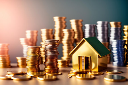 House model and coins. Real estate and property investment concept. Selective focus.の素材