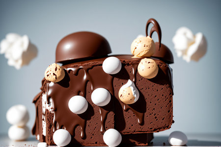 Chocolate cake with macarons and marshmallows on a gray backgroundの素材