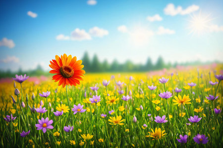 Colorful flowers in the meadow with blue sky and sun.の素材