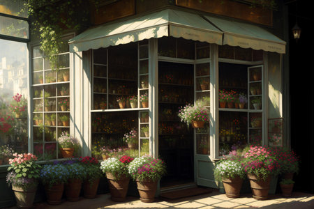 Beautiful flowers in pots in front of the window of a cafeの素材