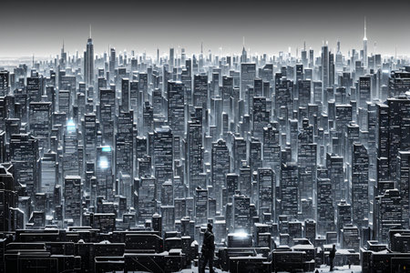 Futuristic cityscape with skyscrapers at night. mixed mediaの素材