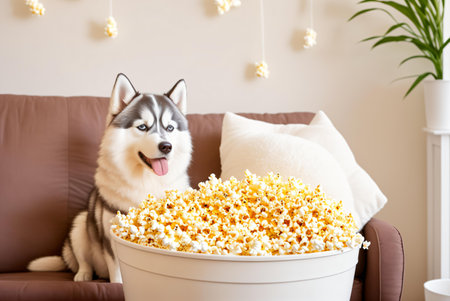 Siberian Husky dog with popcorn on sofa in living roomの素材