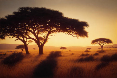 African savannah with acacia trees at sunset in Kenya, Africaの素材