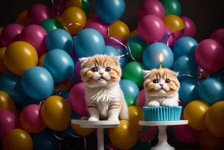 Cute little kittens with birthday cake and colorful balloons on dark backgroundの素材