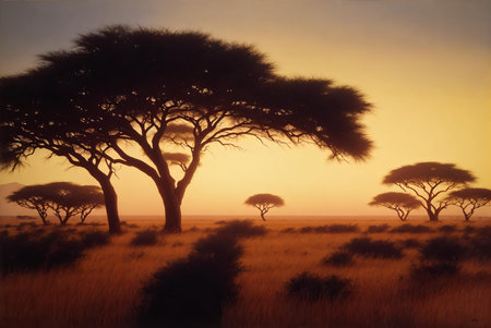 African savannah landscape with acacia tree silhouettes at sunset.の素材