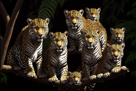 3D render of a group of leopards on a treeの素材