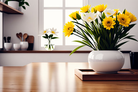 Bouquet of yellow daffodils in white vase on wooden table in modern kitchen. 3d renderingの素材