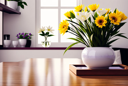 Vase with yellow and white flowers on the wooden table in the living roomの素材
