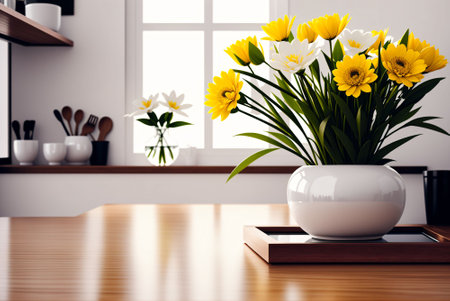 Interior of modern living room with white and yellow flowers in vaseの素材