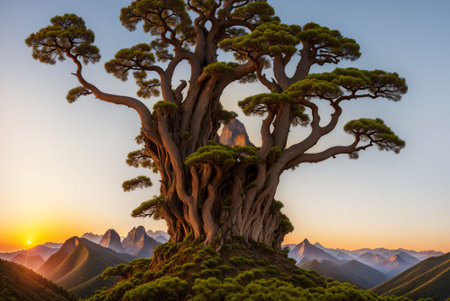Beautiful bonsai tree at sunrise in the mountains, New Zealandの素材