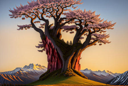 Fantasy landscape with baobab tree. 3D illustration.の素材