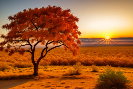 Sunset over a desert landscape with a tree in the foreground.の素材