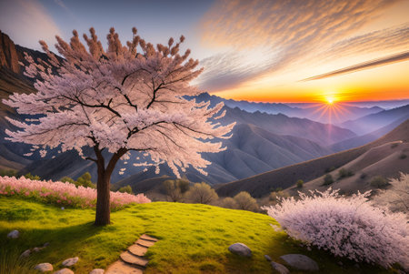 Cherry blossoms in the mountains at sunset. Spring landscape.の素材