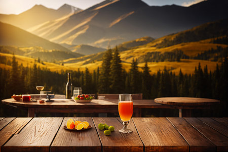Glass of orange juice on wooden table in front of mountain landscape.の素材