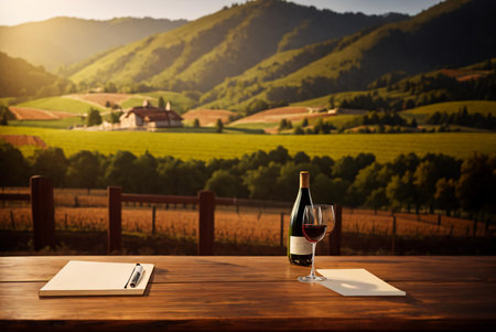 Bottle of red wine and notebook on wooden table in vineyardの素材