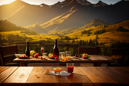 Wooden table with glasses of wine on background of beautiful mountain landscapeの素材