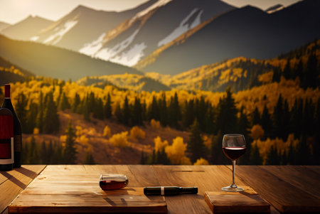 Glass of red wine on a wooden table against the background of mountainsの素材