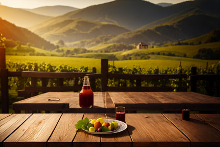 Wooden table in vineyard with bottle of red wine and glass of juice.の素材