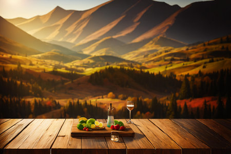 Alcoholic drink on wooden table against mountain landscape in the morningの素材