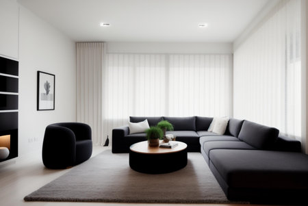 Interior of modern living room with black sofa and coffee table. 3d renderingの素材