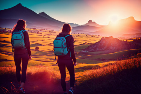 Two girls with backpacks hiking in the mountains at sunset. Travel and active lifestyle concept.の素材