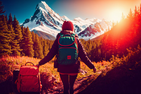 Hiker with backpack on the trail in the mountains at sunset.の素材