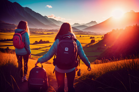Two girls with backpacks hiking in the highlands at sunset.の素材