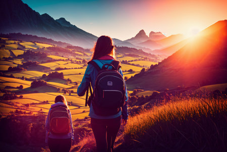 Young woman hiker with backpack hiking in the mountains at sunset.の素材