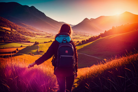 Young woman with backpack hiking in the mountains at sunset. rear viewの素材
