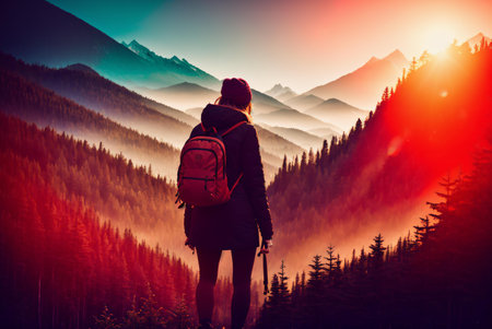 Hiker in the mountains at sunset. Adventure and active lifestyle concept.の素材