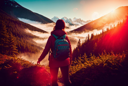 Woman hiker with backpack hiking in the mountains at sunset. Travel Lifestyle concept.の素材