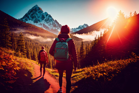 woman hiker with backpack hiking on trail in mountains at sunset.の素材