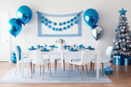 White dining room with decorated Christmas tree, blue balloons and gift boxesの素材