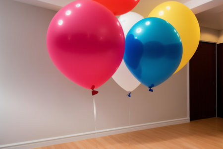 Colorful balloons on the wall in a room with a wooden floorの素材