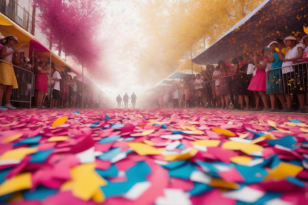 Colorful confetti on the ground during a carnival in Brazilの素材