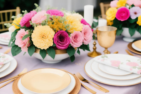 Beautiful table setting with flowers and cutlery. wedding decorの素材